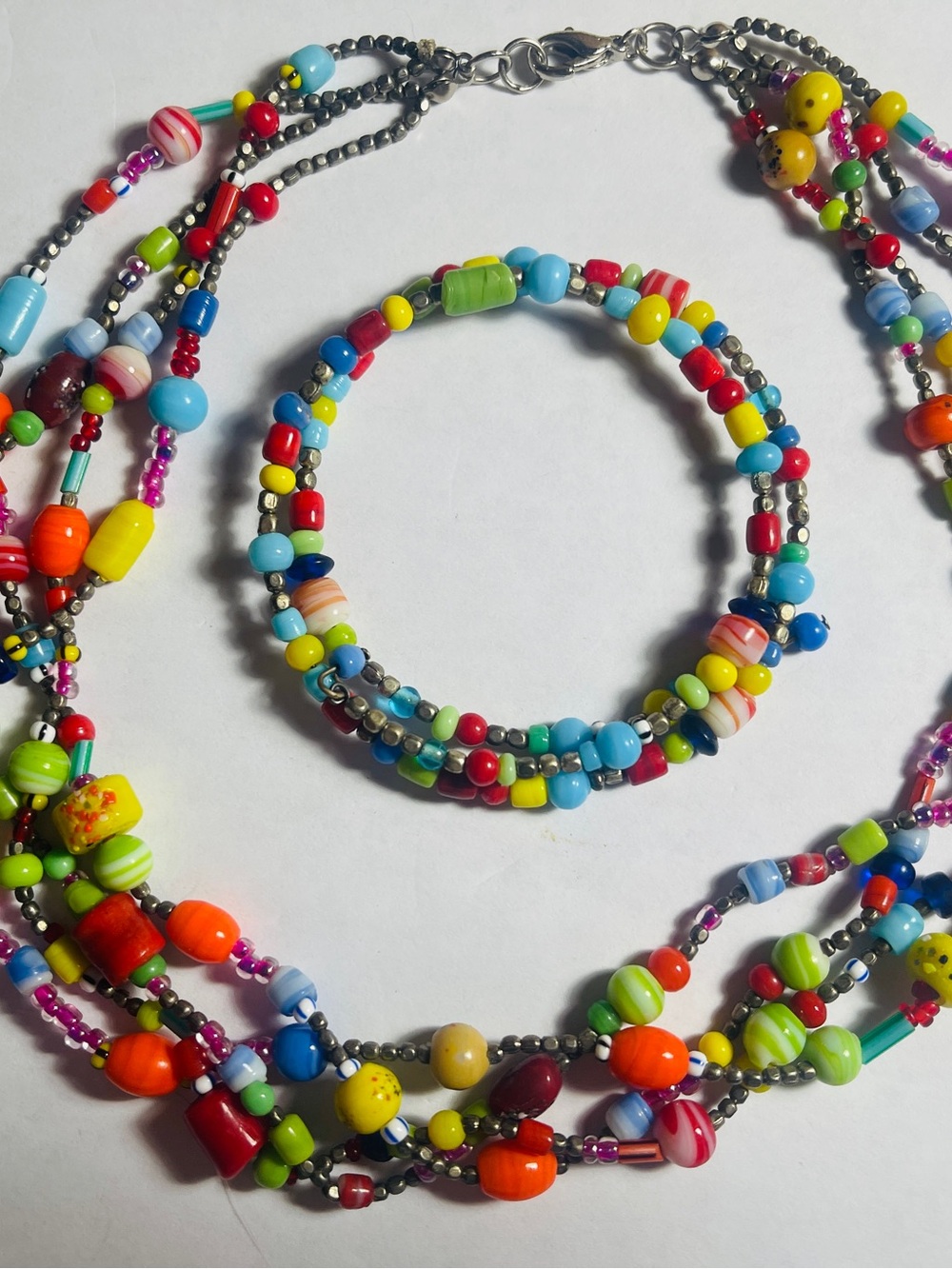 Colorful Multi-Strand Beaded Necklace and Bracelet Set - Vibrant Multicolor